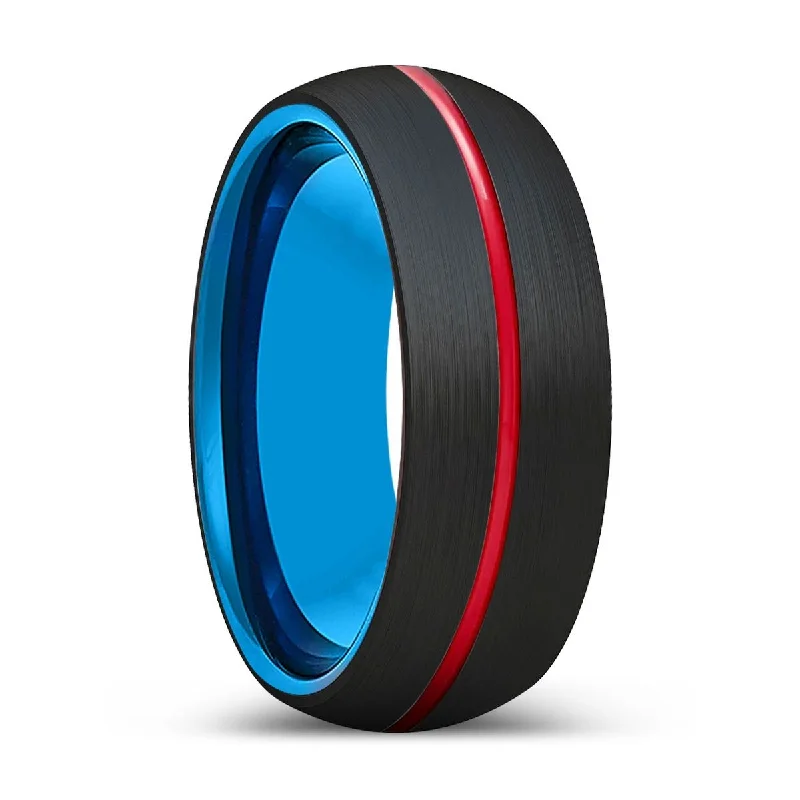 VICTOR | Blue Tungsten Ring, Black Tungsten Ring, Red Groove, Domed