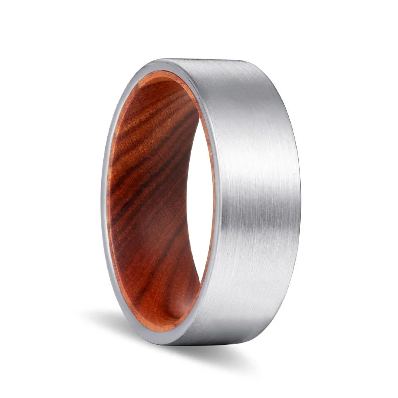 COVE | Iron Wood, Silver Tungsten Ring, Brushed, Flat