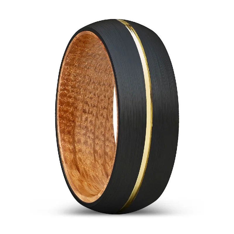 INFAMOUS | Whiskey Barrel Wood, Black Tungsten Ring, Gold Groove, Domed