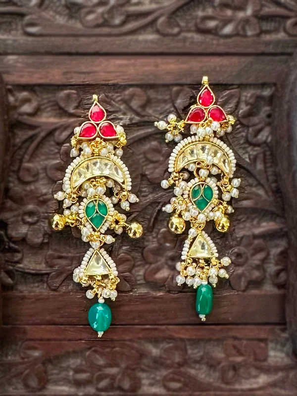 Silver Drop Earrings for Women-Multicolor Gold Plated Jadau Kundan Earrings - ME999M