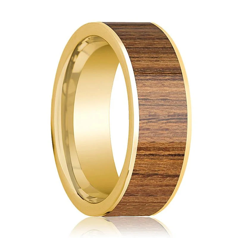 Men's Polished 14k Yellow Gold Flat Wedding Band with Teak Wood Inlay - 8MM