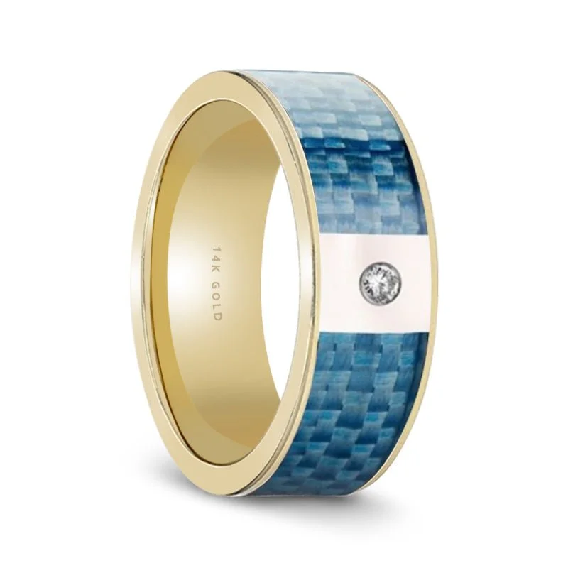 Flat Polished 14k Gold & Diamond Wedding Band for Men with Blue Carbon Fiber Inlay - 8MM