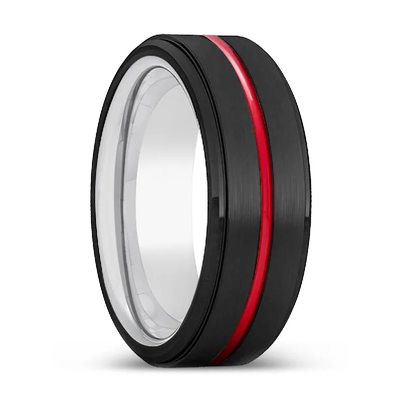 SHORTY | Silver Ring, Black Tungsten Ring, Red Groove, Stepped Edge