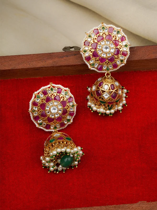 Fashion Drop Earrings-Multicolor Gold Plated Jadau Kundan Earrings - ME1140M