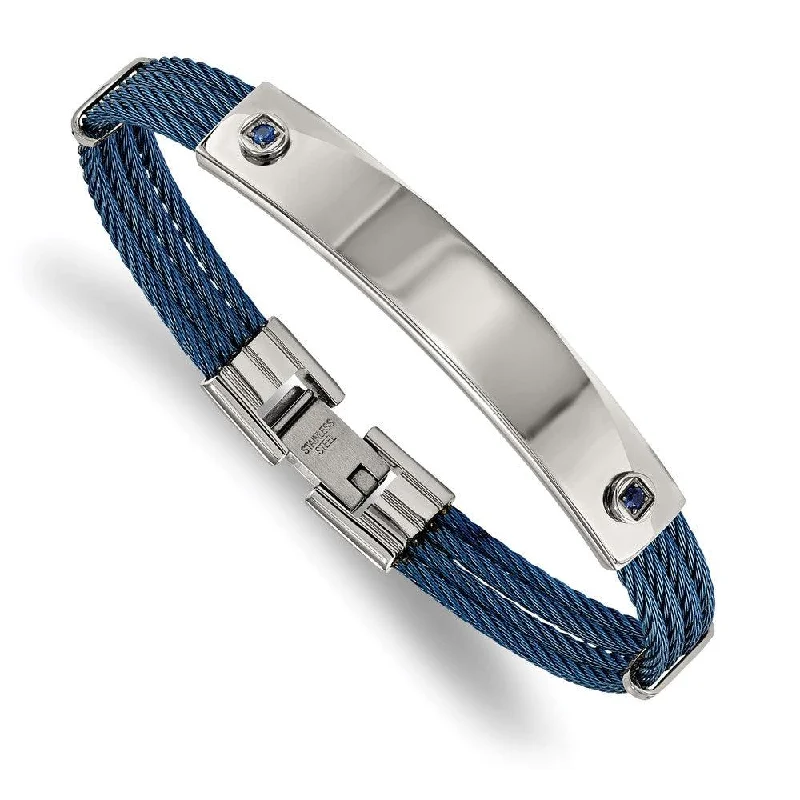 Gemstone Link Bracelet-Stainless Steel Polished Blue IP-plated Cable Blue CZ 7.25in ID Bracelet