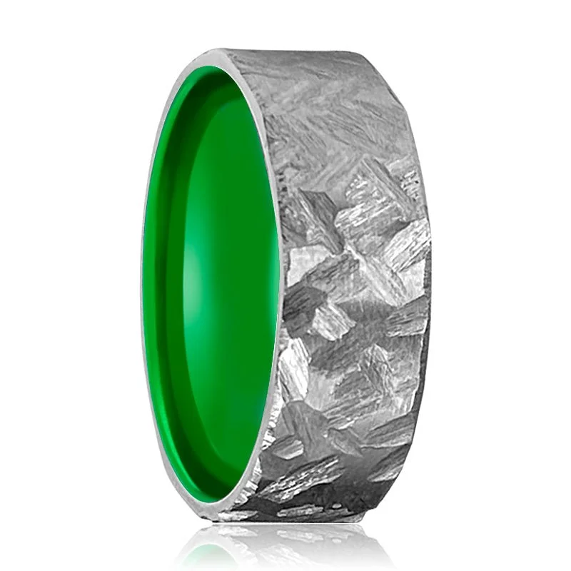 HORNET | Green Ring, Silver Titanium Ring, Hammered, Flat