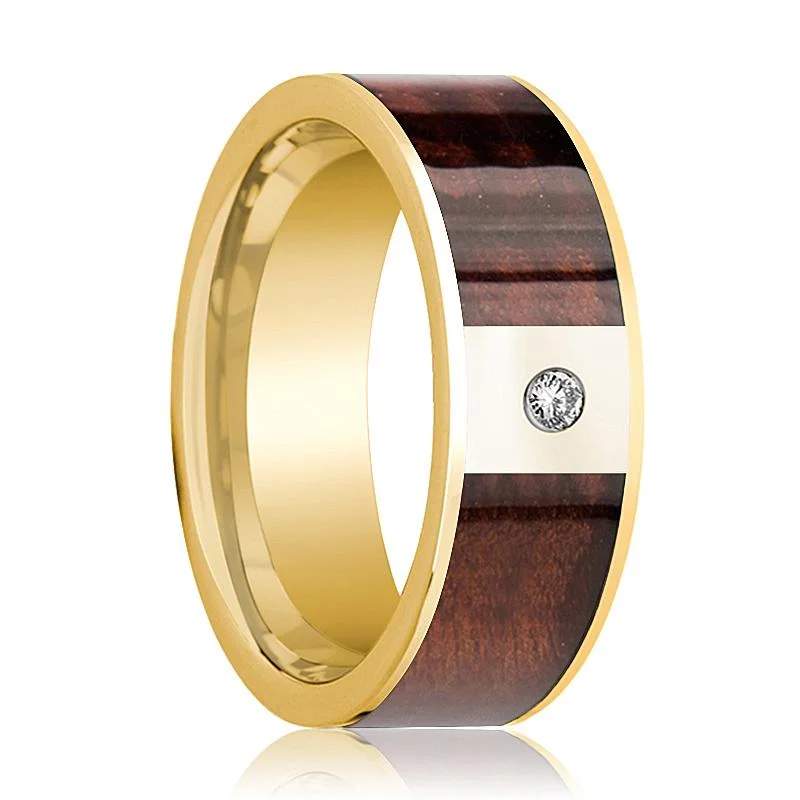 Men's Polished 14k Gold & Diamond Wedding Band with Red Wood Inlay - 8MM