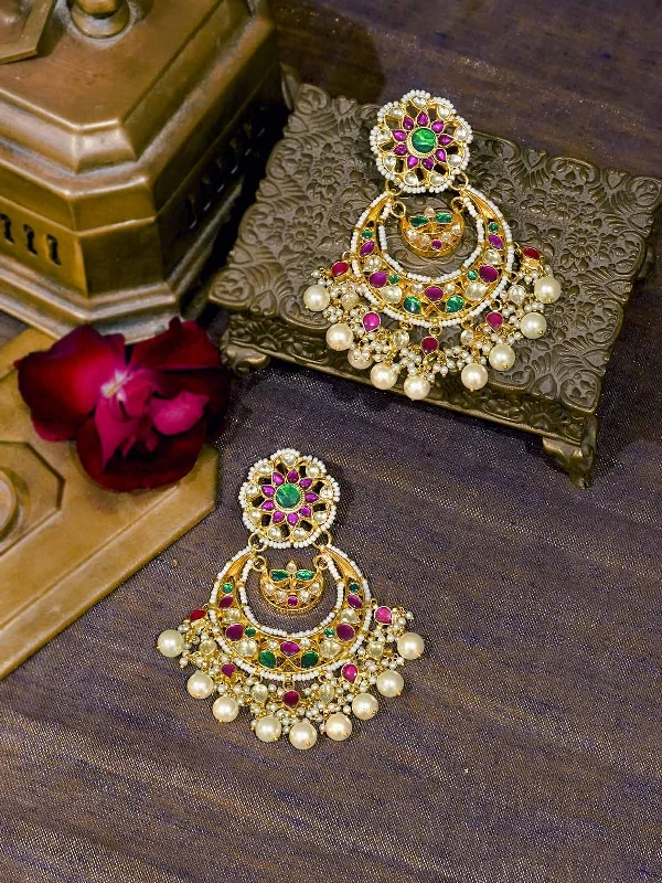 Bold Gold Earrings-Multicolor Gold Plated Jadau Kundan Earrings - ME1M