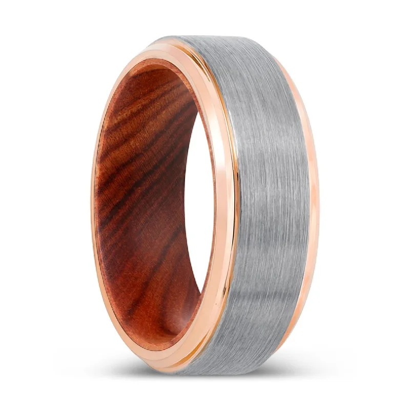 MANTIS | IRON Wood, Silver Tungsten Ring, Brushed, Rose Gold Stepped Edge