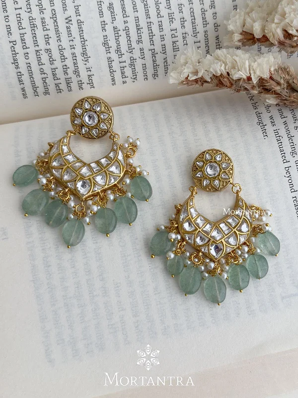 Elegant Swarovski Earrings-Green Color Gold Plated Thappa Jadau Kundan Earrings - TJ-E15W