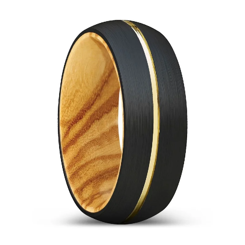 AGONIA | Olive Wood, Black Tungsten Ring, Gold Groove, Domed