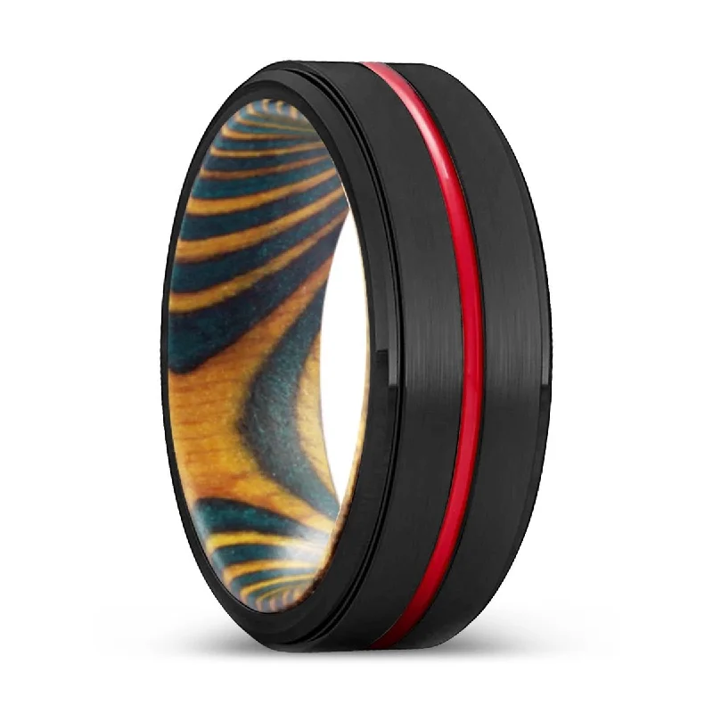 CHUCK | Green & Yellow Wood, Black Tungsten Ring, Red Groove, Stepped Edge