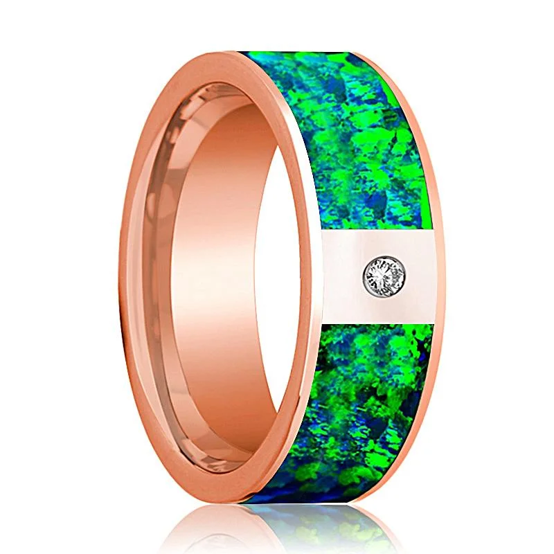 Flat Polished 14k Rose Gold and Diamond Men's Wedding Band with Emerald Green and Sapphire Blue Opal Inlay - 8MM