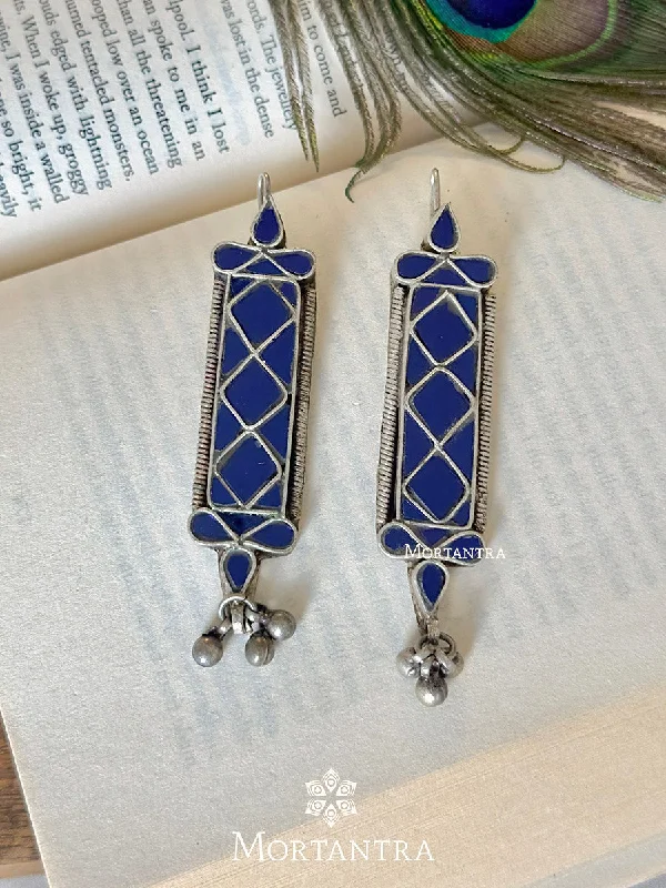 Trendy Drop Earrings-Blue Color Silver Plated Tribal Earrings - EK-SFEAR244BL