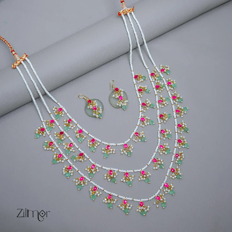 Multi-Chain Necklace-KS1011571 -  Pearl Triple Layered Necklace Earrings Set