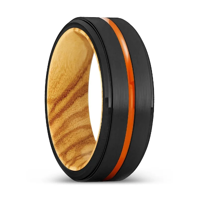 FRISCO | Olive Wood, Black Tungsten Ring, Orange Groove, Stepped Edge