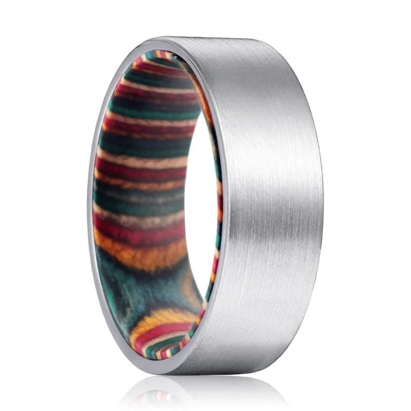 PRISM | Multi Color Wood, Silver Tungsten Ring, Brushed, Flat