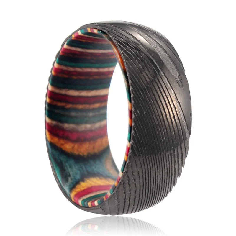 VERA | Multi Color Wood, Gunmetal Damascus Steel Ring, Domed