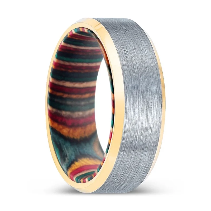 WODEROS | Multi Color Wood, Brushed, Silver Tungsten Ring, Gold Beveled Edges