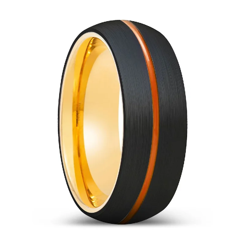 MAVERICKUS | Gold Ring, Black Tungsten Ring, Orange Groove, Domed