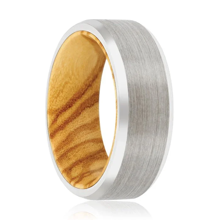 TOLDEN | Olive Wood, Silver Tungsten Ring, Brushed, Beveled