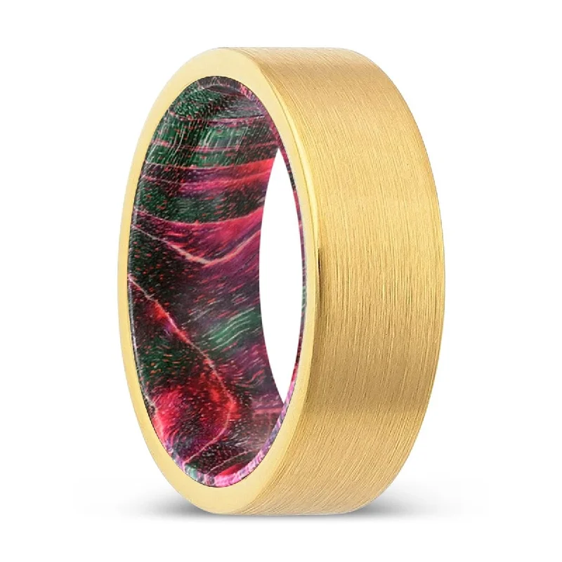 VENZOR | Green & Red Wood, Gold Tungsten Ring, Brushed, Flat