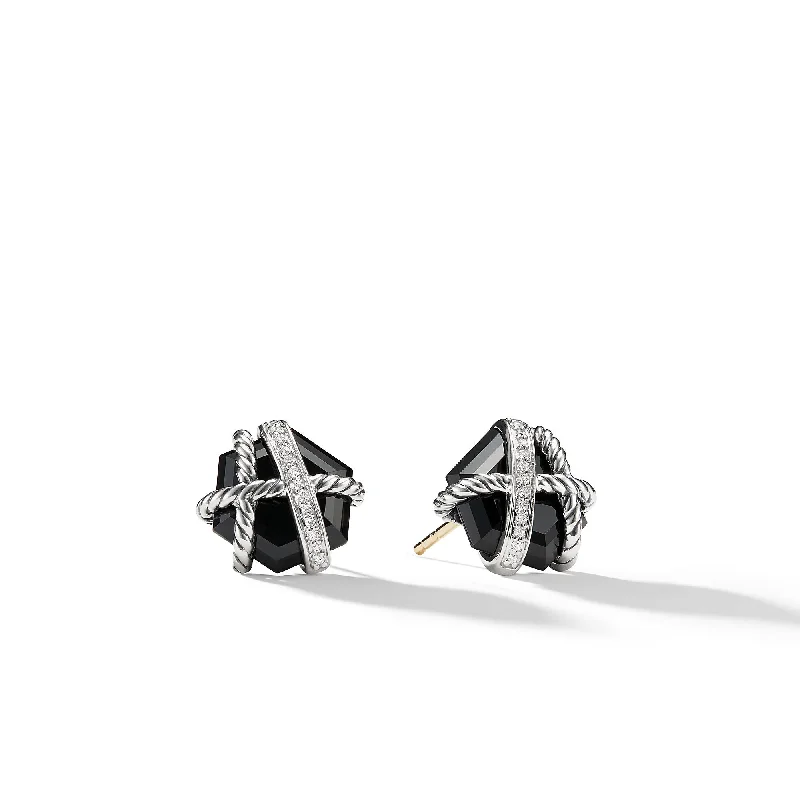 Gold-Plated Hoop Earrings-Cable Wrap Stud Earrings in Sterling Silver with Black Onyx and Diamonds\, 11mm