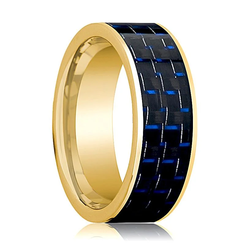 Flat Polished 14k Gold Wedding Band for Men with Blue and Black Carbon Fiber Inlay - 8MM