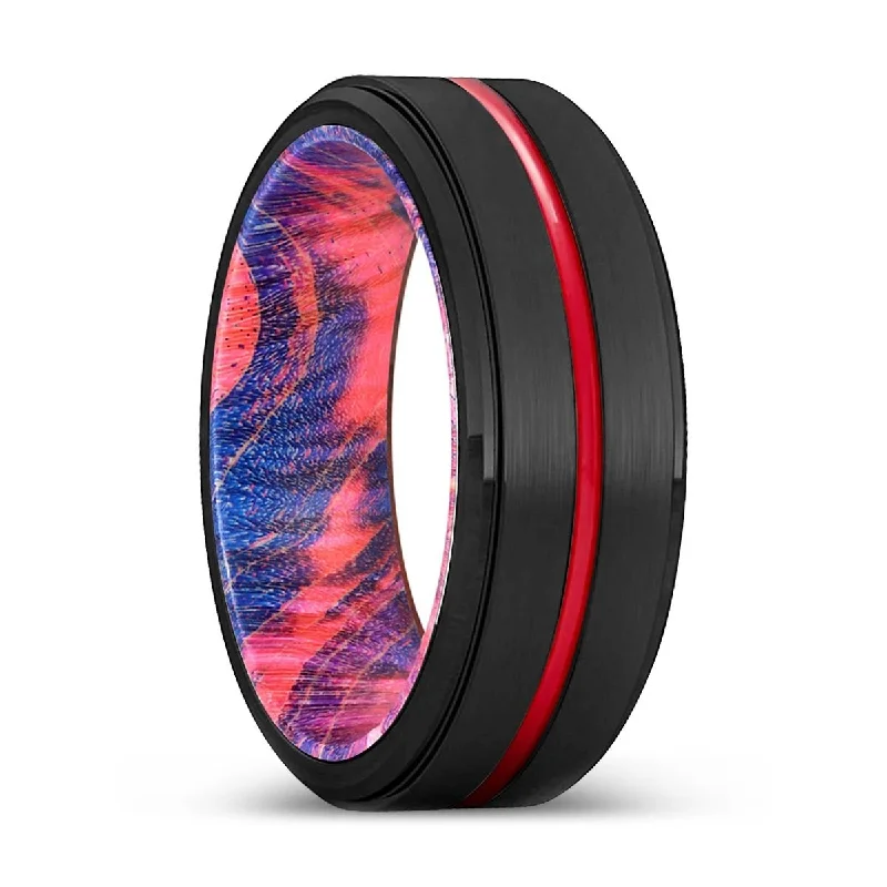 GILLY | Blue & Red Wood, Black Tungsten Ring, Red Groove, Stepped Edge