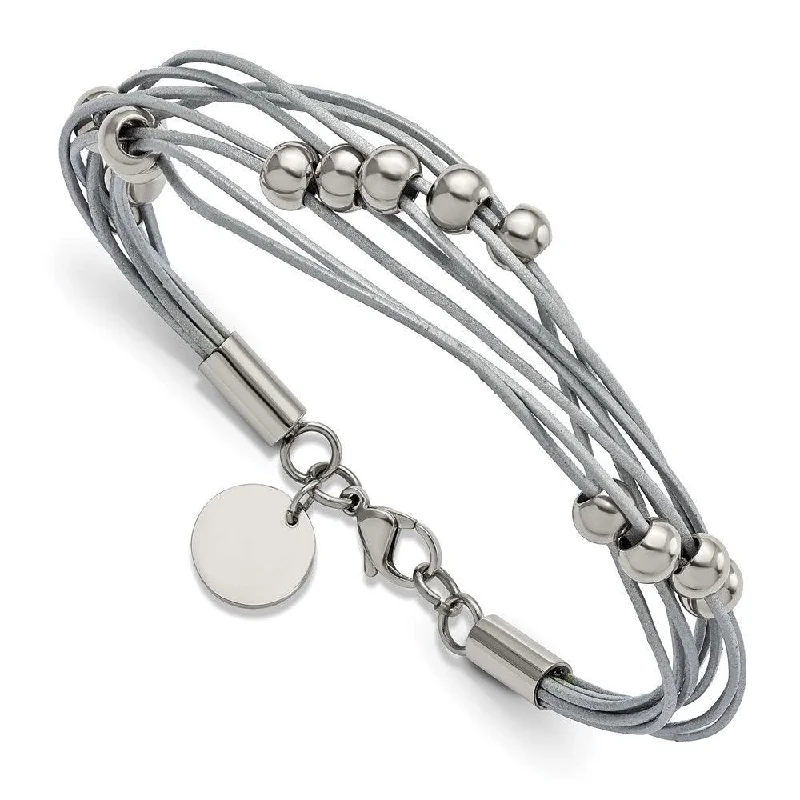 Personalized Silver Rope Bracelet-Stainless Steel Polished Beaded Multi-Strand Grey Leather 8in Bracelet