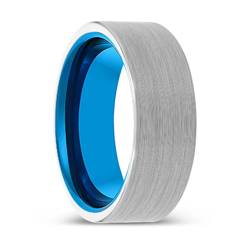 KADEN | Blue Tungsten Ring, White Tungsten Ring, Brushed, Flat