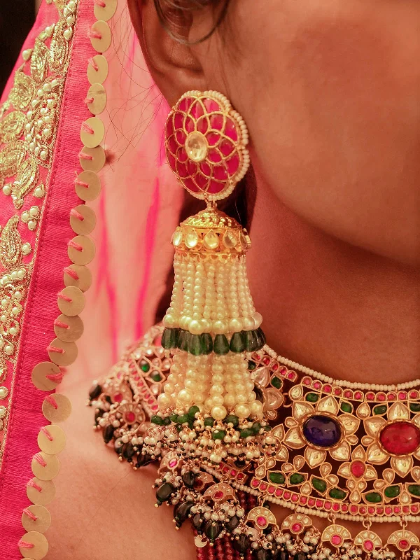 Silver Plated Earrings-Pink Color Gold Plated Jadau Kundan Earrings - ME1274P