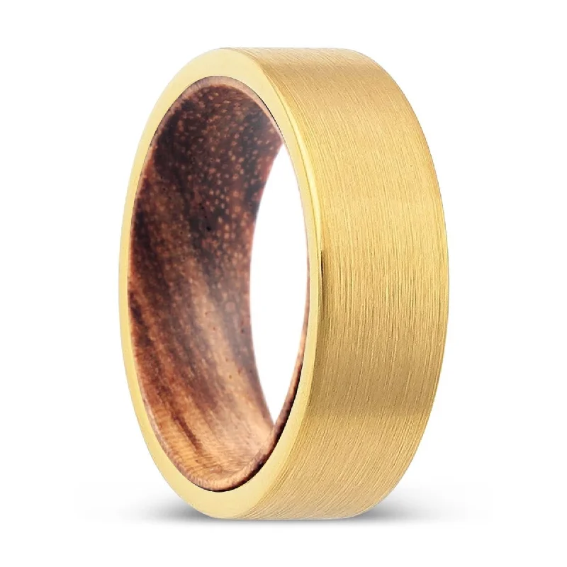 URBENWOOD | Zebra Wood, Gold Tungsten Ring, Brushed, Flat