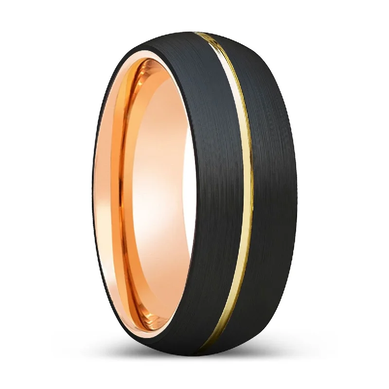 METOD | Rose Gold Ring, Black Tungsten Ring, Gold Groove, Domed