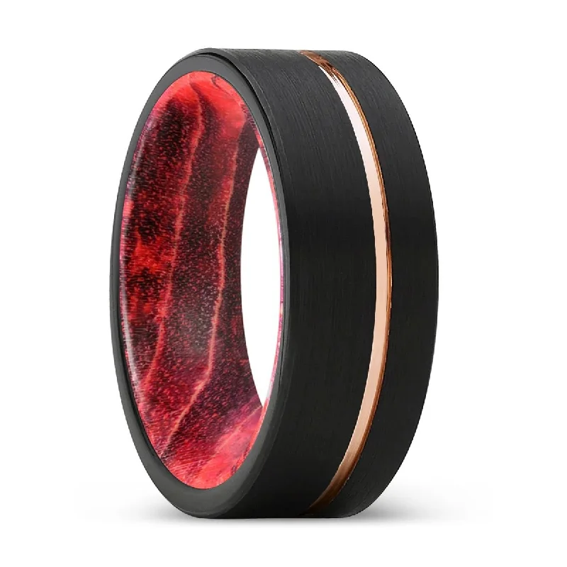 EMERSON | Black & Red Wood, Black Tungsten Ring, Rose Gold Offset Groove, Brushed, Flat