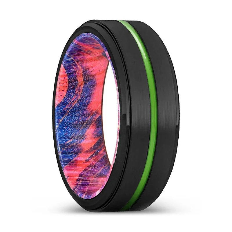 PASADENA | Blue & Red Wood, Black Tungsten Ring, Green Groove, Stepped Edge