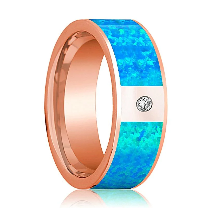 Flat Polished 14k Rose Gold Men's Wedding Band with Blue Opal Inlay and Diamond in Center - 8MM