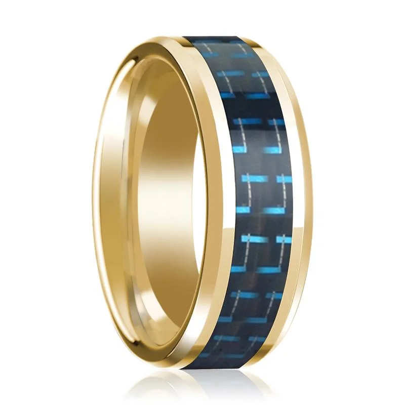 Black & Blue Carbon Fiber Inlaid 14k Yellow Gold Polished Wedding Band with Beveled Edges - 8MM