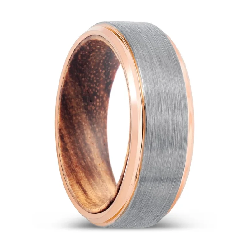 SKELT | Zebra Wood, Silver Tungsten Ring, Brushed, Rose Gold Stepped Edge