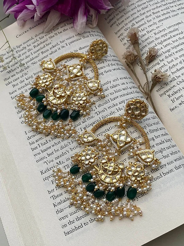 High-End Earrings-Green Color Gold Plated Jadau Kundan Earrings - ME877Y