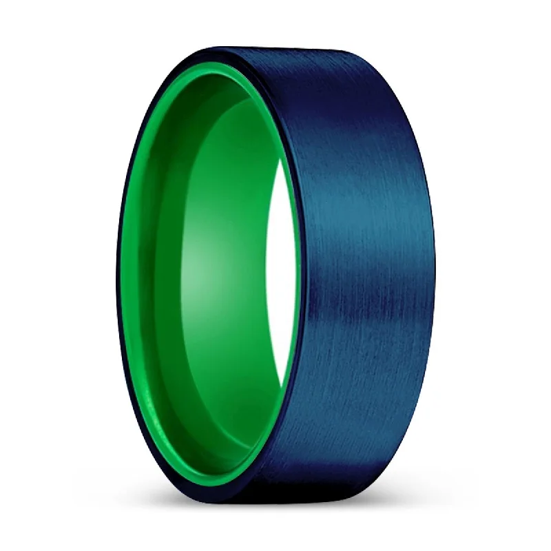 RUVEN | Green Ring, Blue Tungsten Ring, Brushed, Flat