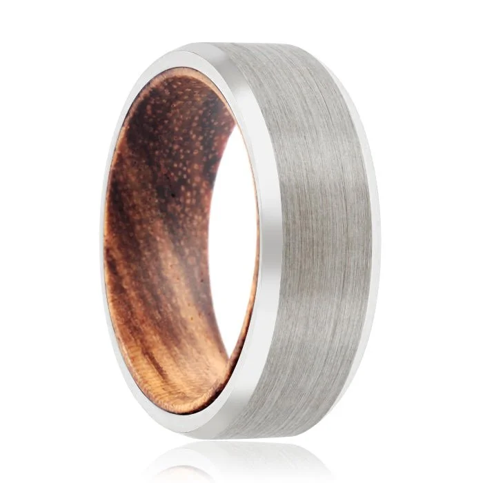 DIVINE | Zebra Wood, Silver Tungsten Ring, Brushed, Beveled