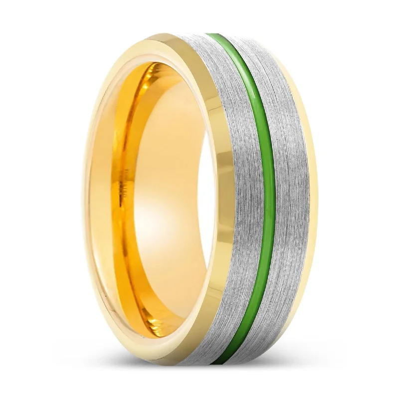 ORACLE | Gold Ring, Silver Tungsten Ring, Green Groove, Gold Beveled Edge