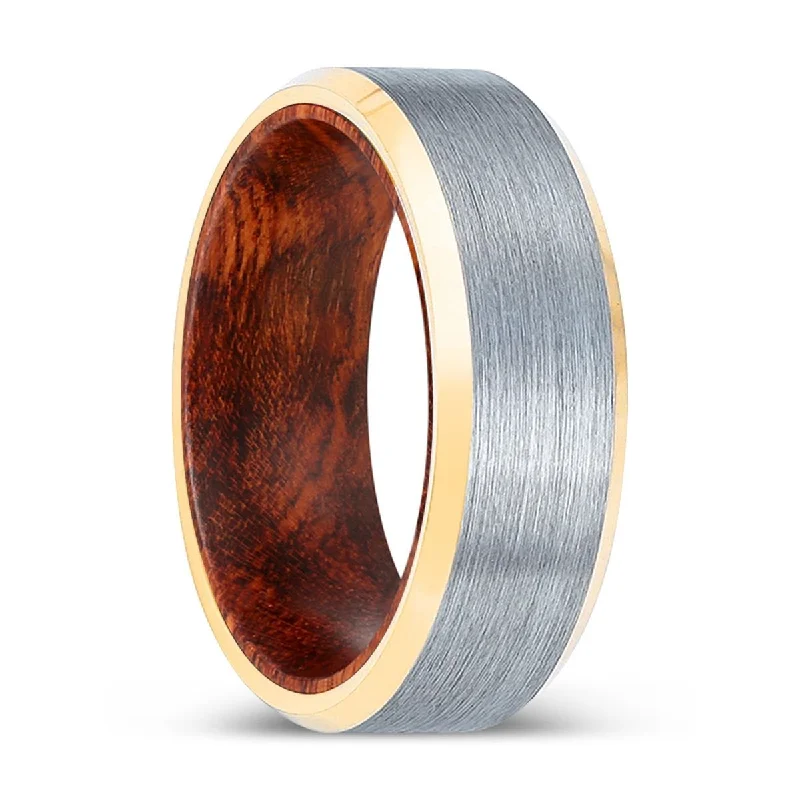 ELMTOOTH | Snake Wood, Brushed, Silver Tungsten Ring, Gold Beveled Edges