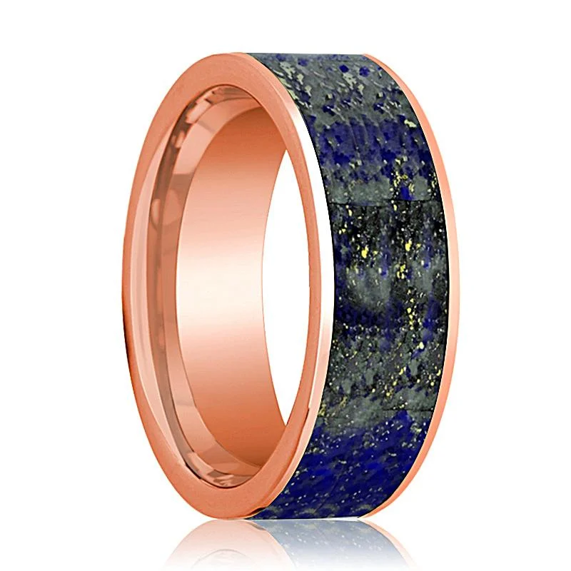 Men's Flat Polished 14k Rose Gold Wedding Band with Blue Lapis Lazuli Inlay - 8MM