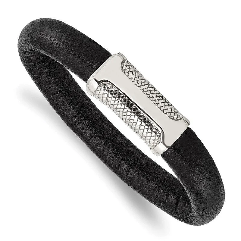 Chunky Leather Bracelet-Stainless Steel Black Leather & Textured 8.5in Bracelet