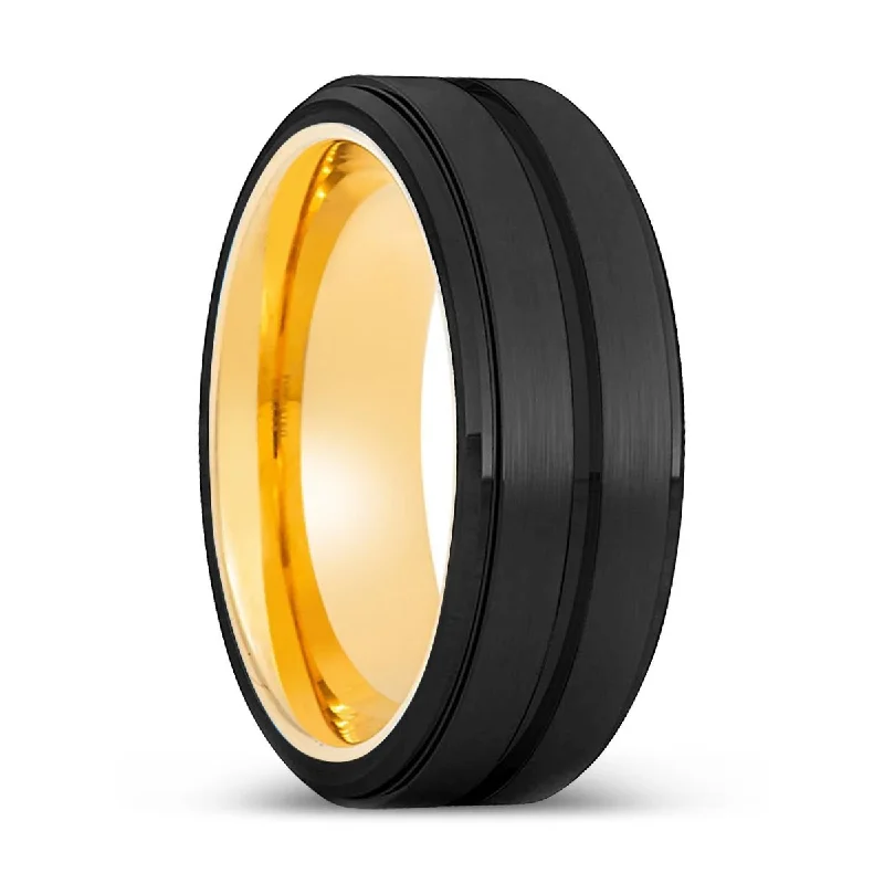 BAZOOKA | Gold Ring, Black Tungsten Ring, Grooved, Stepped Edge