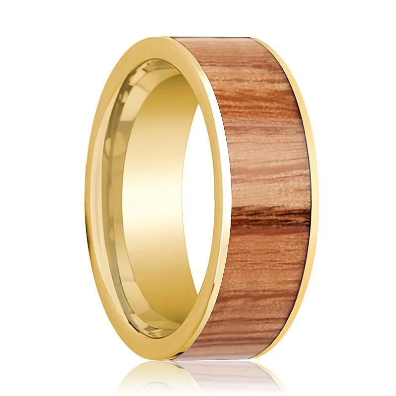 Men's 14k Yellow Gold Flat Wedding Band with Red Oak Wood Inlay Polished Finish - 8MM