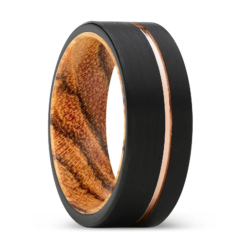 JESTER | Bocote Wood, Black Tungsten Ring, Rose Gold Offset Groove, Brushed, Flat