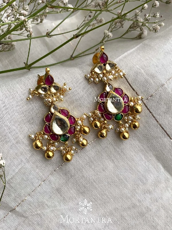 Bridal Earrings-Pink Color Gold Plated Jadau Kundan Earrings - ME998M